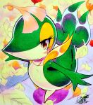 025aki 3_fingers ambiguous_gender anthro autumn blush blush_lines brown_eyes eyelashes feral fingers generation_5_pokemon glistening glistening_body green_body hi_res leaf looking_forward markings mouth_closed multicolored_body neck_collar nintendo pokemon pokemon_(species) raised_tail short_legs signature snivy solo t-pose tail tan_body walking yellow_eyelids