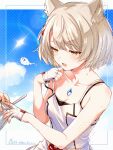  1girl animal_ear_fluff animal_ears artist_name blonde_hair bob_cut breasts camisole cat_ears cat_girl chest_jewel collarbone commentary_request fingerless_gloves gloves highres hot mio_(xenoblade) open_mouth short_hair small_breasts solo_focus ui_frara white_background white_camisole white_gloves xenoblade_chronicles_(series) xenoblade_chronicles_3 yellow_eyes 