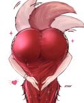  1girl afterimage amen_pose_(meme) anniepants ass ass_focus bent_over bracelet commentary dog_girl dog_tail dress english_commentary from_behind heart highres indie_virtual_youtuber jewelry meme multiple_bracelets nyan_mei pink_tail presenting_own_ass presenting_own_body red_hair silver_bracelet simple_background solo sparkle tail tail_wagging virtual_youtuber white_background 