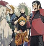  5boys :p annoyed armor black_hair blonde_hair blue_armor child emoji father_and_child father_and_son flak_jacket forehead_protector handkerchief happy highres jacket japanese_armor kimaneko_kima konohagakure_shinobi_uniform laughing male_focus multiple_boys namikaze_minato naruto_(series) naruto_shippuuden ninja parent_and_child poop_emoji sarutobi_hiruzen senju_hashirama senju_tobirama smile spiked_hair tear_troughs tongue tongue_out uzumaki_naruto white_hair 