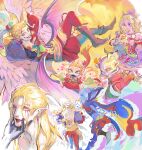  1boy 1girl anger_vein arms_behind_back blonde_hair blue_eyes cape cheek_poking closed_mouth clown_makeup commentary crossed_legs detached_sleeves dress earrings english_commentary final_fantasy final_fantasy_vi full_body gold_trim grin hair_bobbles hair_ornament hair_ribbon highres jewelry kefka_palazzo light_smile long_hair male_focus multiple_views one_eye_closed pants parted_bangs parted_lips pink_ribbon pointy_ears poking ponytail purple_eyes purple_lips red_dress red_pants red_sleeves reneelric ribbon sash smile strapless strapless_dress tassel tassel_hair_ornament terra_branford topless_male tube_dress waist_sash 