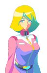  1girl aqua_eyes belt black_belt blonde_hair breasts collared_jacket commentary earth_federation_space_forces earthtojaymus grin gundam high_collar jacket long_sleeves looking_at_viewer medium_breasts military_rank_insignia military_uniform mobile_suit_gundam pink_jacket sayla_mass science_fiction simple_background smile solo upper_body white_background 