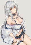  1girl alternate_eye_color arknights bangs bare_shoulders black_choker black_shorts breasts brown_eyes choker cleavage commentary grey_background hair_between_eyes highres large_breasts long_hair looking_at_viewer navel no_hat no_headwear off-shoulder_shirt off_shoulder shirt short_shorts short_sleeves shorts silver_hair simple_background skadi_(arknights) solo stomach suiiryu thigh_strap thighs white_shirt 