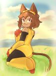 2026 absurd_res anthro clothed clothing cloud domestic_cat eyewear felid feline felis female funeralgrave gameoverse glitch_productions goggles grass hair hi_res hill kit_bodega leggings legwear looking_at_viewer mammal outside plant short_hair sitting sky smile solo tail whiskers