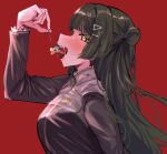  1girl akiha_school_uniform bang_dream! bang_dream!_yumemita blush bra cherry commentary_request extreme_yuri_buta fang food fruit green_eyes green_hair hair_bun hair_ornament hairclip highres holding holding_food holding_fruit long_hair looking_at_viewer looking_to_the_side open_mouth profile red_bra saliva saliva_trail_between_teeth school_uniform simple_background single_side_bun solo teeth tongue tongue_out underwear viola_(bang_dream!) 
