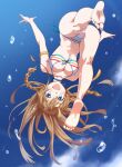  1girl air_bubble barefoot bikini blue_eyes braid breasts brown_hair bubble cleavage commentary_request feet foreshortening freediving front-tie_bikini_top front-tie_top halterneck highres idolmaster idolmaster_million_live! idolmaster_million_live!_theater_days kousaka_umi medium_breasts open_mouth run_p_(aveton) side-tie_bikini_bottom side_braids smile soles solo string_bikini striped_bikini striped_clothes swimsuit toes triangle_bikini_top twin_braids underwater upside-down white_bikini 