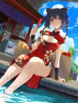  1girl :t absurdres apple arm_support artist_name bag black_hair blue_sky blurry blurry_background blush bracelet braid braided_bun breasts chinese_clothes cleavage cleavage_cutout closed_mouth clothing_cutout cloud cloudy_sky commentary_request day detached_sleeves double_bun dress dutch_angle eating feet_out_of_frame fingernails floral_print floral_print_dress food fruit grocery_bag hair_between_eyes hair_bun hair_ribbon hand_up head_tilt highleg highleg_dress highres holding holding_food holding_popsicle ivuki jewelry large_breasts long_hair looking_at_viewer mandarin_collar nail_polish original outdoors pankou panties paper_bag pink_nails popsicle print_dress purple_ribbon qipao raised_eyebrows red_dress red_eyes ribbon shopping_bag side-tie_panties side_slit sitting sky sleeveless sleeveless_dress soaking_feet solo spring_onion sweat twitter_username underwear water watermark 