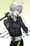  1boy 2022 arene_(arknights) arknights ball_and_chain_(weapon) belt black_gloves black_jacket commentary_request dated elbow_gloves finger_to_mouth gloves gradient_background green_background green_eyes grey_hair hair_between_eyes halo jacket kawashizuku male_focus over_shoulder parted_lips shirt short_hair smile solo turtleneck twitter_username upper_body weapon weapon_over_shoulder white_belt white_shirt 