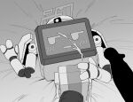  1boy 1other averting_eyes bed blank_censor blue_archive blush censored commentary_request cum greyscale halo highres kei_(amas)_(blue_archive) kei_(blue_archive) lying meme monochrome non-humanoid_robot on_back on_bed penis rectangular_halo robot screen wheel yonemiya_inaho 