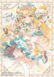  1girl :q banner blonde_hair blue_hair blush bow collarbone copyright_notice dress earrings english_text eshi_100_nin_ten flower food footwear_bow frills fruit glass gloves gradient_hair holding jewelry leg_up lemon lemon_slice long_hair looking_at_viewer multicolored_hair original pink_bow round_eyewear saucer shoes solo spoon thighhighs tongue tongue_out translation_request uekura_eku very_long_hair white_dress white_flower white_gloves white_thighhighs yellow_bow yellow_eyes 