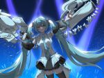  1girl aqua_eyes aqua_hair audience bare_shoulders black_skirt black_sleeves black_thighhighs chinese_commentary coattails collared_shirt commentary_request cowboy_shot detached_sleeves dot_nose eyelashes frilled_shirt frilled_shirt_collar frills glowstick grey_wings hair_between_eyes hair_ornament happy hatsune_miku hatsune_miku_happy_16th_birthday_-dear_creators- high_collar holding holding_microphone lace-trimmed_skirt lace_trim lanthe14583 light_particles long_hair long_sleeves looking_at_viewer mechanical_wings microphone miniskirt official_alternate_costume open_mouth outstretched_arm penlight_(glowstick) pleated_skirt pointing pointing_to_the_side see-through_clothes see-through_sleeves shirt skirt sleeveless sleeveless_shirt smile solo spread_wings stage_lights standing tailcoat thighhighs twintails very_long_hair vocaloid white_shirt wings 
