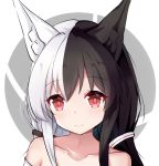  1girl alice_mana alice_mana_channel animal_ear_fluff animal_ears bangs bare_shoulders black_hair blush closed_mouth collarbone commentary_request eyebrows_visible_through_hair fox_ears grey_background hair_between_eyes hair_ornament highres long_hair looking_at_viewer multicolored_hair nagato-chan red_eyes smile solo two-tone_background two-tone_hair upper_body virtual_youtuber white_background white_hair 