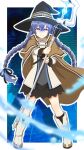  1girl ankle_boots black_skirt blue_eyes blue_hair boots border braid brown_cloak clenched_teeth cloak commentary_request crossed_bangs full_body hair_between_eyes hat highres holding holding_staff kal_zv large_hat legs_apart long_hair long_sleeves looking_at_viewer mage_staff magic mushoku_tensei outline outside_border roxy_migurdia skirt solo staff standing teeth twin_braids white_boots white_border white_outline witch_hat 