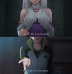  1boy 1girl absurdres commentary cropped_head emilia_(re:zero) english_text eyes_out_of_frame head_out_of_frame highres long_hair mark_renz_purio natsuki_subaru official_alternate_costume open_mouth re:zero_kara_hajimeru_isekai_seikatsu reaching reaching_towards_viewer short_hair signature split_screen track_suit white_hair 
