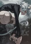  1girl absurdres animal_ears bare_tree black_shirt black_shoes blurry breasts brown_shorts brown_socks buttons cat_ears cat_girl cat_tail claws cloud collared_shirt commentary depth_of_field doll_joints double-breasted from_side full_body glowing glowing_eyes grass graveyard grey_hair grey_sky grey_theme highres hunched_over hunter_x_hunter joints kneehighs long_arms long_sleeves looking_ahead medium_hair messy_hair neferpitou outdoors overcast photo_background profile red_eyes ribbed_shorts shirt shoes shorts sitting sitting_on_object skull sky small_breasts socks spread_legs squatting tail tanjwi tiptoes tombstone tongue tongue_out tree 