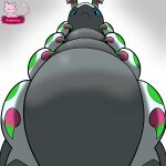 1:1 2026 belly black_belly blue_eyes feral generation_1_pokemon generation_5_pokemon hi_res horn legendary_pokemon looking_at_viewer looking_down maddybakery melon_(reececav27) mew_(pokemon) nintendo pink_body pink_horn pokemon pokemon_(species) red_stripes scolipede simple_background solo stripes watermark white_background white_belly white_horn
