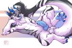 2026 3:2 animal_genitalia anthro arm_tuft balls balls_on_tail biped blue_claws blue_eyes blue_horn blue_inner_ear_fluff blue_pawpads blue_penis blue_tongue claws cute_fangs denali digital_drawing_(artwork) digital_media_(artwork) dragon elbow_tuft erection fangs feet fingers fluffy fluffy_tail fur furred_dragon furred_scalie genitals grey_body grey_fur grey_stripes hair hand_on_leg hi_res horn inner_ear_fluff knot knotted_penis licking licking_lips long_tail looking_at_viewer lying male male_anthro multicolored_body multicolored_fur mythological_creature mythological_scalie mythology navel nude nude_anthro nude_male open_mouth pawpads paws penis retracted_sheath scalie sheath smile solo striped_body striped_fur stripes tail tail_tuft teeth thesecretcave toe_claws toes tongue tongue_out tuft white_balls white_body white_fur white_sheath
