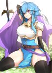  1girl abus55764787 ahoge arm_behind_head arm_up armor armpits belt blue_hair blue_tunic blush breastplate breasts brooch commentary_request commission commissioner_upload elbow_gloves fire_emblem fire_emblem:_genealogy_of_the_holy_war gloves grass headband highres jewelry large_breasts looking_at_viewer original outdoors pelvic_curtain planted planted_sword popped_collar purple_eyes sash selia_(mrtalkingdino) short_hair shoulder_armor sidelocks sitting skeb_commission skindentation sleeveless smile solo sword thick_thighs thighhighs thighs tomboy tunic wariza weapon white_headband 