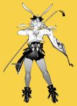  1girl animal_ears ben-day_dots bow commentary dated_commentary evanescia_(honkai:_star_rail) folded_ponytail fox_ears fox_girl from_behind full_body furisode_sleeves greyscale_with_colored_background hair_bow high_heels highres holding holding_sword holding_weapon honkai:_star_rail honkai_(series) japanese_clothes kneepits long_sidelocks monochrome otimusyairoha pantyhose saturated_background screentones see-through_clothes see-through_pantyhose shoes sidelocks skirt solo sword twitter_username weapon yellow_background 