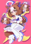  1girl @_@ ahoge animal_ears between_breasts blue_dress blush breasts brown_hair chibi closed_eyes commentary crying double-parted_bangs dress ear_ribbon gloves hair_between_eyes hairband headband highres horse_ears horse_girl horse_tail large_breasts long_sleeves looking_at_viewer meisho_doto_(turbulent_blue)_(umamusume) meisho_doto_(umamusume) multicolored_hair multiple_views o_o open_mouth pantyhose pink_hairband pink_headband purple_eyes shinsei_tomato shirt shoes short_hair strap_between_breasts tail tearing_up two-tone_hair umamusume white_gloves white_hair white_pantyhose white_shirt white_shoes zig-zag_part 