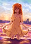  1girl blue_eyes breasts closed_mouth commentary_request dress hair_between_eyes highres holding_own_dress interface_headset_(evangelion) long_hair looking_at_viewer neon_genesis_evangelion ocean orange_hair smile solo souryuu_asuka_langley standing standing_on_liquid two_side_up user_tjsf2477 wet wet_clothes yellow_dress 