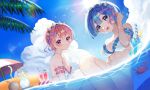  2girls =_= afloat animal arm_garter bangs beach_umbrella bikini bird blue_eyes blue_hair blush bowl breasts cat caustics cherry cleavage closed_eyes cloud coconut crab cup drink drinking_glass drinking_straw dutch_angle flock food frilled_bikini frills fruit fruit_cup hair_ornament hair_ribbon hair_tucking hairband highres ice ice_cube innertube jewelry lemon lemon_slice light_particles looking_at_viewer medium_breasts multiple_girls open_mouth palm_tree partially_submerged pink_eyes pink_hair pink_ribbon ram_(re:zero) re:zero_kara_hajimeru_isekai_seikatsu red_eyes rem_(re:zero) ribbon seoki_(hi3031) shaved_ice short_hair siblings single_earring sisters sitting smile string_bikini summer swimsuit tree twins umbrella water wet white_bikini x_hair_ornament 