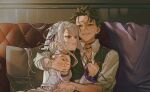  1boy 1girl absurdres alternate_hair_length_(shorter) alternate_hairstyle braid commentary_request couple crown_braid cutting_hair elf emilia_(re:zero) flower hair_flower hair_ornament hair_ribbon happyfrogpopo highres holding holding_scissors hug natsuki_subaru obsession_(movie) pointy_ears purple_eyes purple_ribbon re:zero_kara_hajimeru_isekai_seikatsu re:zero_kara_kasaneru_isekai_seikatsu ribbon rose scissors severed_hair white_flower white_rose x_hair_ornament 