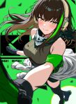  1girl armband armpit_crease bandana bandana_around_neck bare_shoulders black_gloves black_shoes blush breasts brown_eyes brown_hair clothes_around_waist commentary dot_nose floating_hair from_above girls'_frontline gloves green_armband green_background green_hair green_sweater green_theme headphones highres jacket jacket_around_waist large_breasts long_hair looking_at_viewer looking_up m4a1_(girls'_frontline) multicolored_hair r9k1 ribbed_sweater shoes simple_background sleeveless sleeveless_sweater smile solo standing streaked_hair sweater two-tone_hair 