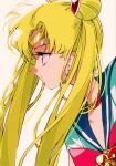  1girl bishoujo_senshi_sailor_moon bishoujo_senshi_sailor_moon_s blonde_hair blue_eyes blue_sailor_collar bow bowtie brooch choker circlet cosmic_heart_compact crescent crescent_earrings double_bun earrings expressionless from_side gold_circlet hair_bun heart heart_brooch heart_choker highres jewelry long_hair magical_girl parted_bangs pink_bow pink_bowtie pochi_(askas_is_god) red_choker sailor_collar sailor_moon sailor_senshi_uniform solo tsukino_usagi twintails very_long_hair white_background 