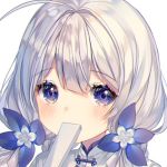  1girl ahoge azur_lane blue_eyes blue_flower blush china_dress chinese_clothes commentary covering_mouth dress eyebrows_visible_through_hair fan flower hair_between_eyes hair_flower hair_ornament illustrious_(azur_lane) illustrious_(maiden_lily&#039;s_radiance)_(azur_lane) shiro_albino simple_background white_background white_hair 