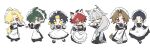  6+boys ahoge animal_ear_fluff animal_ears apron asaba_harumasa black_dress black_gloves black_hair blonde_hair broom brown_hair cat_boy cat_ears chibi chibi_only commentary crossdressing crossdressing_(mtf) cup damian_blackwood dog_boy dog_ears dress enmaided facial_mark forehead_mark four-finger_heart_hands gloves green_eyes green_hair grey_hair hair_over_one_eye headband heart heart_hands highres holding holding_broom holding_own_dress holding_plate hugo_vlad kettle komano_manato lighter_(zenless_zone_zero) long_hair looking_at_viewer maid maid_apron maid_headdress male_focus male_maid multicolored_hair multiple_boys one_eye_closed plate red_eyes red_hair severian_lowell short_hair simple_background suansuan_0719 tail untranslatable_commentary white_apron white_background ye_shiyuan yellow_eyes yellow_headband zenless_zone_zero 