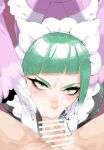  1boy 2girls bar_censor black_dress brown_eyes censored clothed_female_nude_male dress erection frown gloves green_hair hetero highres jacinthe_(pokemon) lebanne_(pokemon) long_hair long_sleeves looking_at_viewer maid_headdress multiple_girls nude paniitaa pink_dress pokemon pokemon_legends:_z-a pov solo_focus spread_legs white_gloves white_headdress 