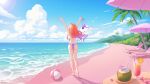  1girl ahoge arms_up artist_name ass ball barefoot beach beachball bikini blue_sky bow bow_bikini chair cloud cocktail_umbrella coconut coconut_cup commentary commission crazy_straw drink drinking_straw english_commentary floating_hair flower food frilled_bikini frills from_behind fruit fruit_as_cup full_body heart_straw highres hill holding holding_unworn_clothes horizon huhv. long_hair lounge_chair ocean orange_(fruit) orange_hair orange_slice original outdoors palm_tree pink_flower pixiv_commission purple_bikini scenery simple_bird sky solo standing swimsuit topless_female tree unworn_bikini_top walking waves 