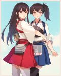  2girls akagi_(kantai_collection) bangs black_legwear blue_hakama blush border brown_eyes brown_gloves brown_hair closed_mouth cloud flight_deck gloves hakama japanese_clothes kaga_(kantai_collection) kantai_collection kasumi_(skchkko) long_hair looking_at_viewer multiple_girls muneate open_mouth partly_fingerless_gloves ponytail red_hakama side_ponytail single_glove sky tasuki thighhighs white_legwear yugake 