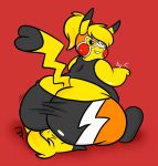  anthro big_butt bunearyk butt butt_cleavage clothing cosplay_pikachu_(costume) duo facesitting female female/female hi_res letterbox nintendo pikachu pikachu_libre pok&eacute;mon pok&eacute;mon_(species) red_background simple_background smile teeth video_games 