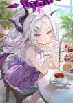  1girl absurdres alternate_costume ariko_(aaaaarik) black_halo black_horns blue_archive breasts cake closed_mouth commentary cream cup demon_girl demon_horns demon_wings dessert food fruit halo highres hina_(blue_archive) horns indoors long_hair looking_at_viewer low_wings multiple_horns parted_bangs purple_eyes purple_halo purple_skirt purple_wings saucer sitting skirt small_breasts solo spoon strawberry tea teacup tiered_tray untranslatable_commentary white_hair wings 
