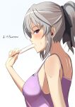  1girl absurdres alternate_hairstyle arm_at_side assault_lily bare_arms bare_shoulders black_ribbon breasts camisole closed_mouth commentary_request eating food food_in_mouth from_side gradient_background grey_background grey_hair hair_ribbon hand_up hata_matsuri highres holding holding_food holding_popsicle looking_at_viewer looking_to_the_side medium_breasts ponytail popsicle popsicle_in_mouth purple_camisole purple_eyes ribbon senri_(senri03151221) short_hair sideboob sideways_glance solo sweat translated two-tone_background upper_body white_background 