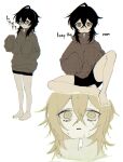  1girl black_hair commentary grey_eyes grey_jacket highres jacket looping_the_rooms_(vocaloid) looping_the_rooms_girl multiple_views nervous_sweating oversized_jacket pale_skin ryung_1227 simple_background sleeves_past_fingers sleeves_past_wrists song_name sweat vocaloid white_background wolf_cut zipper 
