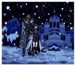  2boys aiguillette black_boots black_coat black_gloves black_hair black_helmet black_pants black_shirt black_shorts black_sky blunt_ends boots border building bush capitano_(genshin_impact) choppy_bangs closed_mouth coat coat_on_shoulders commentary commission empty_eyes european_architecture facing_another fatui_coat full_body fur-trimmed_coat fur_trim gem genshin_impact gloves gold hands_on_another's_shoulders heart height_difference helmet highres jewelry lace-up_boots lapels liuyun_(liuyun73492) looking_to_the_side mandarin_collar mitsudomoe_(shape) mountainous_horizon multiple_boys neck_ring night open_clothes open_coat outdoors oversized_clothes pants purple_eyes purple_gem purple_rope purple_sash red_sash rope sash scaramouche_(genshin_impact) shimenawa shirt shorts sky snow snowing star_(symbol) tomoe_(symbol) tree white_border white_coat white_rope 