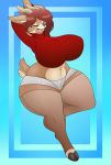  absurd_res andy anthro big_breasts bottomwear breasts capreoline cervid clothed clothing curvaceous curvy_figure female hi_res huge_breasts leinhart mammal open_mouth reindeer shorts solo tongue voluptuous wide_hips yawn 