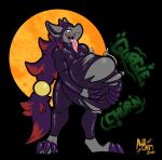 2021 abdominal_bulge anthro awoogasm bodily_fluids claws clothing digestion digestion_noises fangs fur generation_5_pokemon hair hi_res holding_belly male nintendo open_mouth pokemon pokemon_(species) saliva saliva_on_tongue signature skinsuit soft_vore solo sound_effects standing teeth text tight_clothing tongue tongue_out torn_clothing vore zoroark