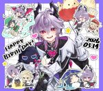  1girl 4boys :< :d :o ^_^ albedo_(genshin_impact) all_fours aqua_eyes arm_behind_head artist_name balloon beret birthday black_boots black_bow black_bowtie black_capelet black_gloves black_horns black_jacket black_sandals black_shorts blonde_hair blue_hair blue_hat blue_ribbon blunt_ends blush boots border bow bowtie bridal_gauntlets bright_pupils brown_boots brown_corset cape capelet cecilia_flower_(genshin_impact) character_doll chibi chibi_inset child choppy_bangs closed_eyes clover_print coat colored_eyelashes commentary_request corset crossed_bangs dated doll dragon_boy dragon_horns dragon_tail dragon_wings dress durin_(genshin_impact) eyeliner flower flying frilled_sleeves frills genshin_impact gloves gold_trim green_cape green_hat green_shorts grid_background hair_between_eyes hair_flower hair_ornament half_updo hand_up happy happy_birthday hat hat_ribbon heart highres holding holding_balloon holding_letter holding_stuffed_toy hood hood_down hooded_coat horns jacket jingasa jumpy_dumpty klee_(genshin_impact) leaf letter long_sleeves looking_at_another looking_at_viewer looking_down low_twintails lying magic_circle makeup medium_hair multicolored_eyes multiple_boys newsboy_cap notice_lines on_back open_clothes open_coat open_jacket open_mouth outside_border outstretched_arms pants pantyhose petals pointy_ears pondao4 puffy_shorts purple_border purple_hair purple_vest red_coat red_eyeliner red_eyes red_hat ribbon sandals scaramouche_(cat)_(genshin_impact) scaramouche_(genshin_impact) shirt short_hair short_shorts short_sleeves shorts sidelocks signature single_hair_intake sleeve_cuffs smile solo_focus sparkle spread_arms standing star_(symbol) stuffed_animal stuffed_toy tail tassel teeth twintails two-sided_cape two-sided_fabric u_u upper_teeth_only venti_(genshin_impact) vest walking wanderer_(genshin_impact) watermark white_background white_coat white_dress white_flower white_gloves white_jacket white_pants white_pantyhose white_pupils white_shirt wind wings 