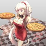  1girl absurdres apron azur_lane bangs beige_dress belfast_(azur_lane) braid breasts chain checkered checkered_floor cleavage closed_mouth collar dress food highres large_breasts long_hair metal_collar ootato pizza ponytail purple_eyes red_apron short_dress short_sleeves side_braid smile tray very_long_hair white_hair 