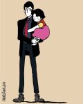  1boy 1girl 2018 alps_no_shoujo_heidi arsene_lupin_iii artist_name black_eyes black_hair black_jacket blue_shirt blue_socks carrying carrying_person child commentary_request crossover facial_hair facial_mark full_body heidi_(alps_no_shoujo_heidi) italian_commentary jacket long_sleeves lupin_iii mauro_biani necktie no_mouth pink_skirt princess_carry red_necktie shirt short_hair short_sleeves signature simple_background skirt sleeping socks standing tie_clip yellow_shirt 