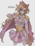  1girl animal_ears armor blush breasts cape closed_mouth commentary_request crown fingerless_gloves gloves gold_corset hair_between_eyes highres horse_ears horse_girl horse_tail jewelry korean_commentary long_sleeves medium_breasts mini_crown multiple_rings on_g_i orange_hair orange_tail pink_cape pink_crown purple_eyes ring shirt short_hair shoulder_armor single_fingerless_glove skirt solo t.m._opera_o_(o_sole_suo!)_(umamusume) t.m._opera_o_(umamusume) tail thighhighs two-tone_skirt umamusume white_shirt white_thighhighs 