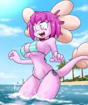 2026 amphibian anthro aquatic axolotl bangs beach big_breasts bikini breasts cartoon_freckles clothing crotch_lines female freckled_face freckled_hips freckles hair hi_res mole_salamander open_mouth partially_submerged pink_body pink_hair salamander sandwich-anomaly small_waist smile solo swimwear tail two-piece_swimsuit vitzy_(vitzypie) water