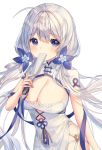  1girl ahoge azur_lane blue_eyes blue_flower blue_ribbon blush breasts china_dress chinese_clothes cleavage commentary covering_mouth dress eyebrows_visible_through_hair fan flower hair_between_eyes hair_flower hair_ornament highres holding holding_fan illustrious_(azur_lane) illustrious_(maiden_lily&#039;s_radiance)_(azur_lane) large_breasts long_hair ribbon shiro_albino simple_background white_background white_hair 