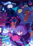  1girl armor asymmetrical_eyes banette blue_fire blunt_bangs bob_cut book bow breasts candle chandelier chandelure cofagrigus coffin colored_sclera commentary doll elbow_gloves english_commentary fangs fangs_out fire ghost ghost_type_theme_(pokemon) glasses gloves golem golurk holding holding_book large_bow litwick low_neckline medium_breasts mummy neck_pillow pink_sclera pokemon pokemon_(creature) pokemon_black_and_white pumpkaboo pumpkin purple_eyes purple_hair rimless_eyewear round_eyewear shauntal_(pokemon) short_hair shoulder_armor smile tonestarr yellow_eyes 