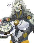  1boy absurdres banyue_(zenless_zone_zero) benjeossi birthday birthday_cake blush cake candle clothed_robot clothes_around_waist commentary flying_sweatdrops food grey_hair highres holding holding_cake holding_food humanoid_robot male_focus plate robot robot_boy simple_background solo upper_body white_background zenless_zone_zero 