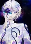  1boy bishoujo_senshi_sailor_moon bishoujo_senshi_sailor_moon_r black_flower black_moon_clan black_rose chest_jewel closed_mouth commentary_request crescent crescent_facial_mark crystal_flower earrings facial_mark flower flower_over_eye forehead_mark glint hand_up highres holding jacket jewelry karasa_(tsukasa_yu) long_sleeves looking_at_viewer male_focus parted_bangs prince_demande purple_eyes rose short_hair solo space upper_body white_hair white_jacket 
